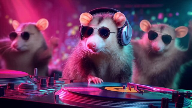 Funny opossums wearing sunglasses and headphones while mix tracks on dj turntables in a vibrant club setting with neon colorful lights