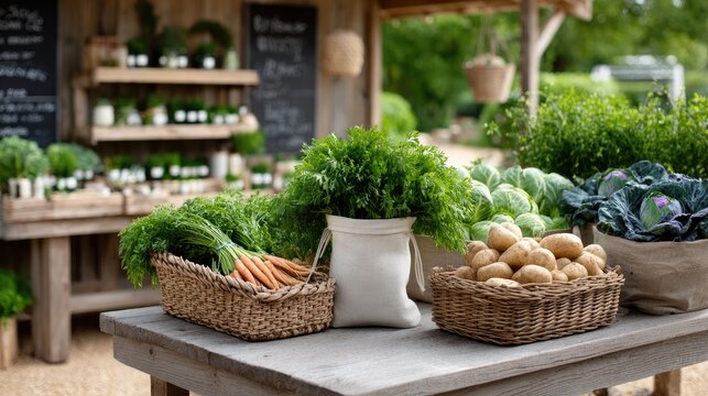 Baskets filled with vibrant vegetables are showcased on a wooden table at a farm stand surrounded by organic produce and a barn