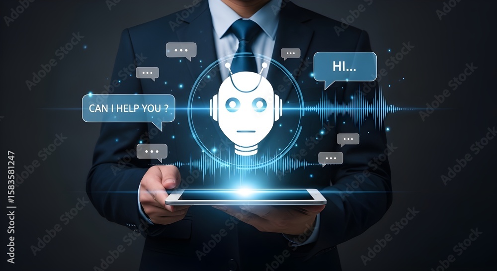 Poster ai chatbot assistant on tablet with speech bubbles - digital transformation and business automation 