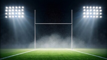 Stadium goalposts illuminated by bright lights rugby