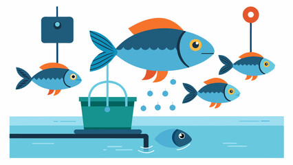 Naklejka na ściany i meble An innovative fish grading system that uses ultrasonic sensors to accurately determine the size and weight of fish swimming in a pond enabling more efficient sorting and. Vector illustration