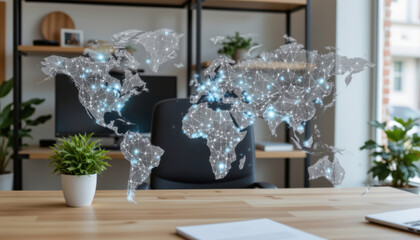 Innovative holographic business presentation modern office digital illustration professional environment aerial view futuristic concept