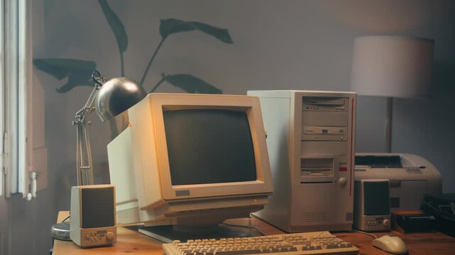 Retro pc computer gaming, Desktop vintage with loading code console, programmer making scripts, green basic screen, Old computer studio close-up, retro wave display, late 90s PC.