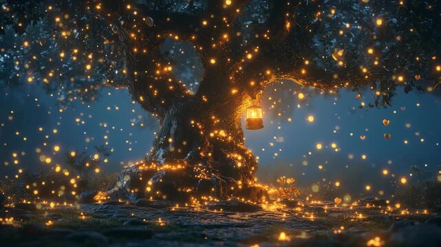 magic tree glowing with lantern and floating fireflies lights in fantasy forest loop background
