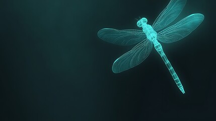 Wireframe dragonfly in teal, dark background