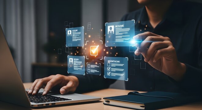 Recruitment Process with Hologram Interface Displaying Candidate Profiles | Human Resources Technology for Hiring, Employee Selection and Talent Acquisition