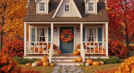 Autumn Porch Pumpkin Display - A charming autumn scene featuring a cozy house adorned with pumpkins, a vibrant wreath, and autumn leaves, symbolizing harvest, home, warmth, comfort, and gratitude