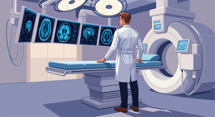 Doctor Analyzing Brain Scans in an MRI Room with Advanced Diagnostic Technology. Medical illustration of a doctor looking at brain MRI images in a diagnostic imaging room. 