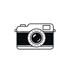 Outlined Camera Depiction with Circular Lens Over White Background