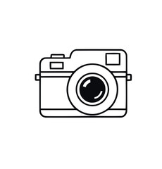 Simple Camera Outline Drawing with Lens on a White Background