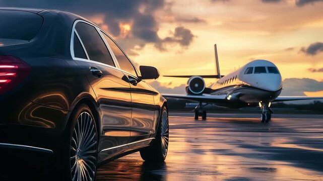 A luxury car is parked on the tarmac while a private jet is getting ready for takeoff against a colorful sunset backdrop