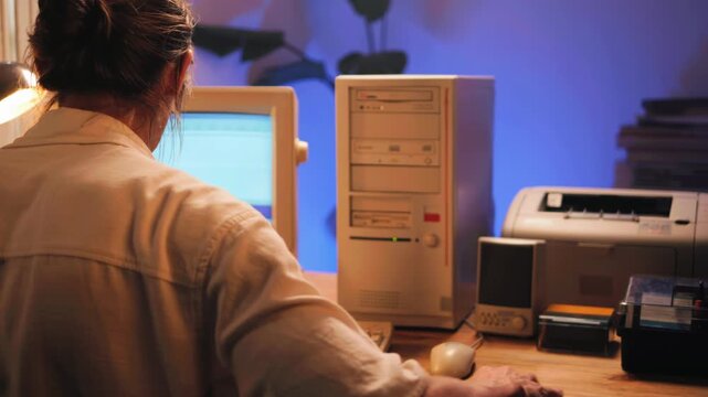 Man working and gaming on retro computer PC, IT engineer with vintage computer at home, using old fashion technology, close up of retro setup. 