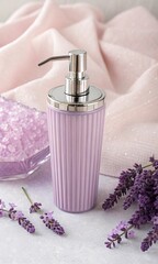 Aromatic lavender infused liquid soap dispenser with decorative glass dish filled with bath salts and fresh lavender sprigs