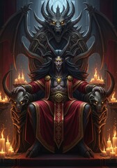 Fototapeta premium Dark Lord's Throne Room - A demonic lord sits upon his throne, flanked by gargoyles and a menacing dragon. Symbolism of power, darkness, evil, dominance, and ritual