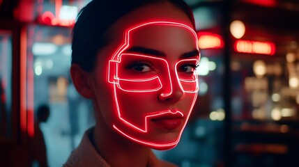 Woman with neon red face mask in city at night