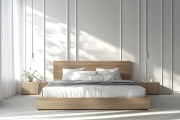 Modern bedroom interior with minimalist design, wooden bed and soft white bedding for comfortable sleep