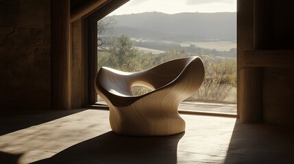 Wooden chair by a window, sunlit room