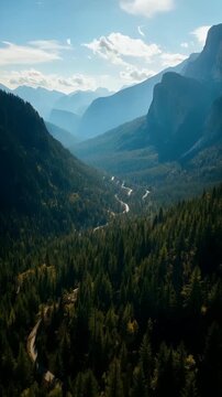 Winding Forest Road Through Majestic Mountain Valley at Sunrise