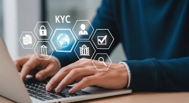 Person typing on laptop with digital K Y C icons computer