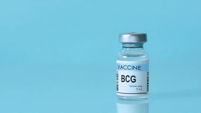 BCG (tuberculosis vaccine bottle on blue background. Concept of global immunization, scientific medical research, disease prevention, modern healthcare awareness and copy space for design