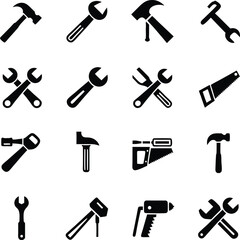 Obraz premium Black and White Tool Icons Hammers Wrenches Saw Drill