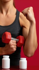 Young caucasian female lifting red dumbbell with supplement bottles in background