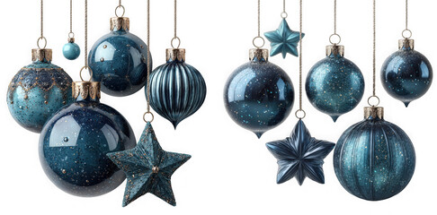Assortment of shimmering blue and teal christmas ornaments and stars hanging isolated on transparent background