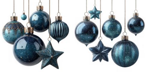 Assortment of shimmering blue and teal christmas ornaments and stars hanging isolated on transparent background
