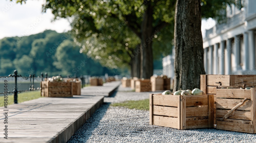 Poster apple trees heavy with red fruit align along a peaceful path, while wooden crates overflow with fres