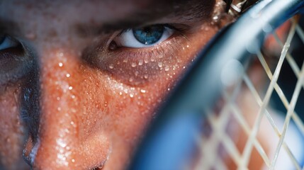 Close-up of sweat dripping from a playerâ€™s face holding a tennis racket, intense focus and determination