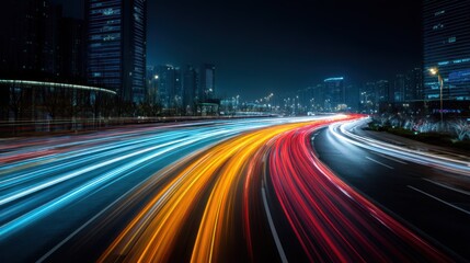 Curved road with colorful light trails at night, long exposure photography, vibrant urban motion, glowing city lights, dynamic transportation scene, futuristic ambiance