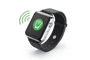 Fototapeta premium Silver smart watch with black leather strap and green signal icon wearable technology