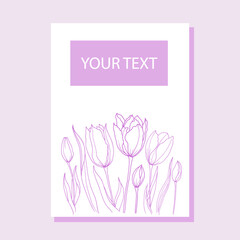 Card with pink tulips. Hand-drawn vector illustration for wedding, invitation or greeting card. 