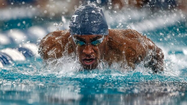 Professional swimmer performing butterfly stroke in competition - Powered by Adobe