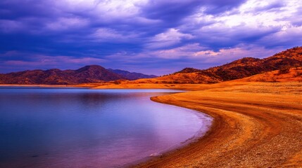 Naklejka premium Serene lakeside view at sunset with dramatic clouds over distant mountains and shoreline