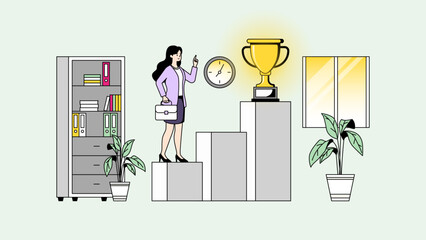 Career Development Illustration. Ambitious Woman Climbing Career Ladder, Skill Improvement, Success Goals, Female Entrepreneur Growth. Flat Cartoon Business Graphic.