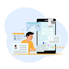 Flat workspace of a person designing mobile UX UI at home. Floating screens, tablets, and graphs show digital productivity in a smart, minimal setup.