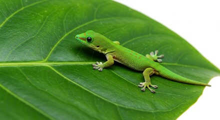鮮やか緑色のヤモリ 葉の上で静止 自然光輝く. AI Generated