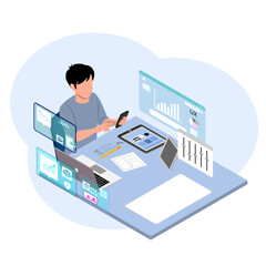 Isometric workspace of a person designing mobile UX/UI at home. Floating screens, tablets, and graphs show digital productivity in a smart, minimal setup.