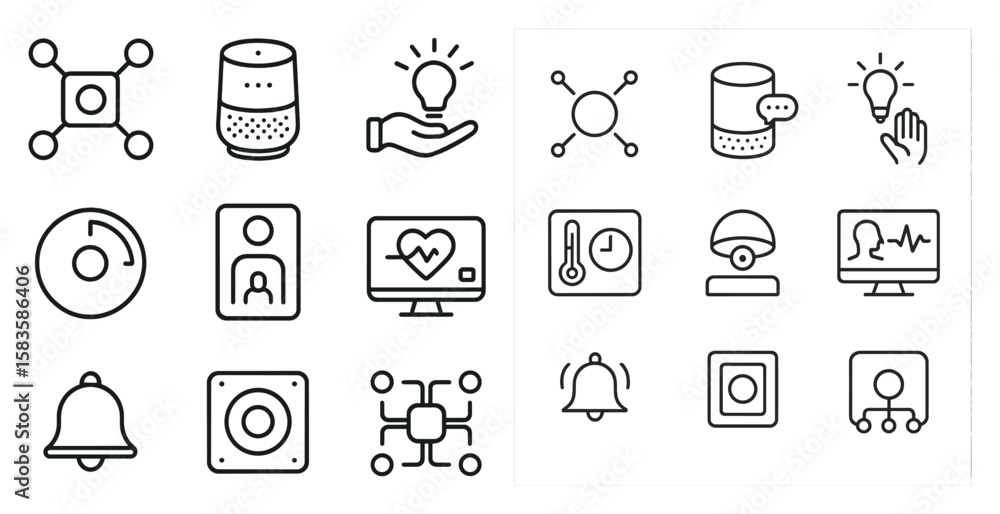 Poster collection of icons for smart devices. the icons include a smart speaker, a smart light, a smart wat