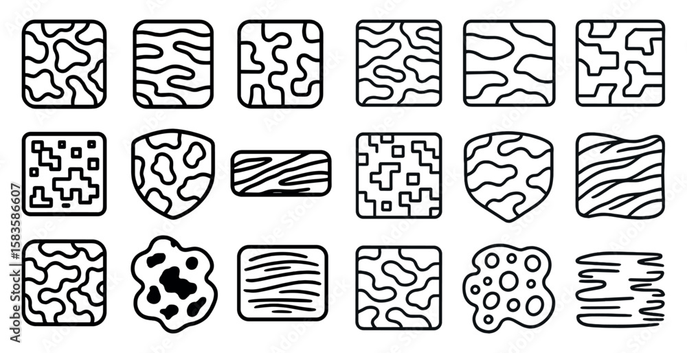 Poster collection of black and white shapes that resemble various textures. the shapes are arranged in a gr