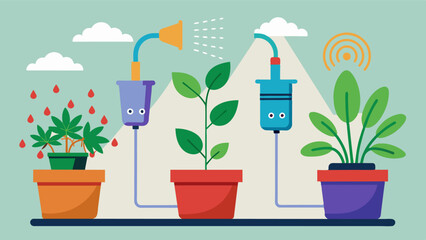 An illustration showing the use of soil moisture sensors in potted plants allowing for more efficient watering and healthier plants.. Vector illustration