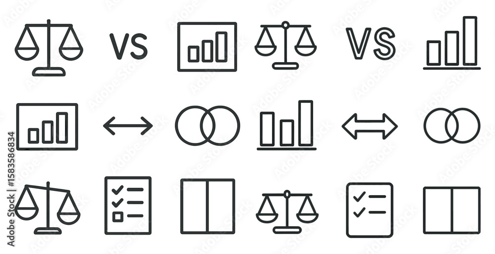 Poster the image is a collection of various symbols and shapes, including scales, checks, and arrows. scene