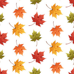 Vector seamless seasonal pattern with colorful autumn maple leaves, branches and plants. Fall season Thanksgiving design. Perfect for fabric, textile, wallpaper, decor, print and packaging of products