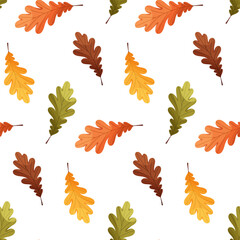 Vector seamless seasonal pattern with colorful autumn oak leaves, branches and plants. Fall season Thanksgiving design. Perfect for fabric, textile, wallpaper, decor, print and packaging of products.