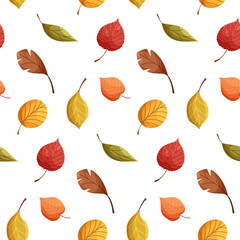 Vector seamless seasonal pattern with colorful autumn leaves, branches and plants. Fall season Thanksgiving design. Perfect for fabric, textile, wallpaper, decor, print and packaging of products.