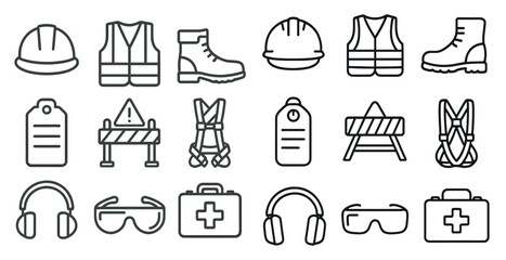 Fototapeta premium Set of safety symbols and equipment. The symbols include a hard hat, a safety vest, a first aid kit, and a fire extinguisher. Scene is one of caution and preparedness for potential hazards