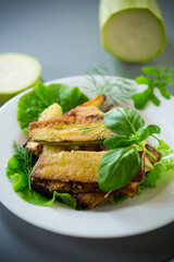 Fried zucchini slices with salad greens on a gray background