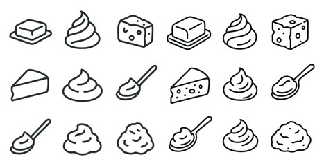 Series of food items are shown in a white and black style. The items include butter, cheese, and a spoon. Concept of indulgence and comfort, as these are common foods associated with relaxation