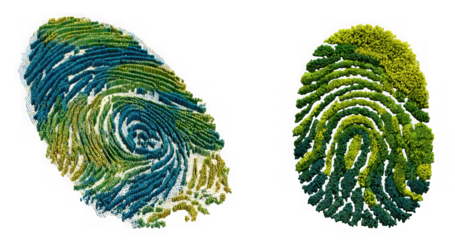 Abstract fingerprint patterns made of colorful particles isolated on transparent background